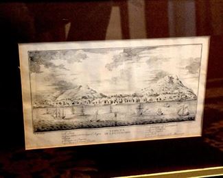 Etching Titled VEDVTA DI S. EVSTACHIO boats in the harbor with twin mountains. Italian - 18th Century, It measures in the frame  21 inches x 17" ” framed. Wood frame with glass. $45