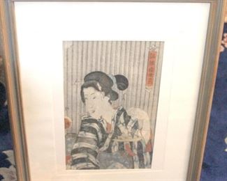 Original Japanese Wood block print on a  wood frame. Woman in bamboo kimono. It measures 18 x 22” with glass frame    $65