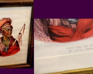 Hand colored lithograph Loway  Chief named              Not-chi-mi-ne - Signed in the chiefs blanket initials A.H.  Framed in 1969. 21 x 16” framed. Wood frame with glass    $250.