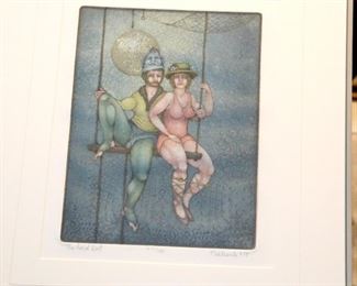 Colored etching called The Ariel Duet, 47/150. 1979 triple matted with a steel frame. Artist Charles Klauunde Measures with  the frame 21" x 17 1/2”  $125