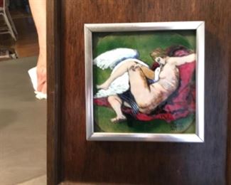 Enamel on copper - ‘’ Leda and the Swan”-signed M.G.  De Navarro 1974. . It measures 5 inches x 5 inches- in a metal frame -mounted on a wooden board ina wood frame Measuring 11 inches by 9 inches.   $75.00