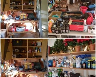 honda generator,oil,transmission fluid,car waxes,cleaning supplies,wrench sets,fake plants,antique axes,tons of collectables 