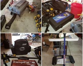 sway away trailer stabilizer ,laser on tripod,theford smart tote wast tank 27 gal,steamer,colman portable stove,leg master machine, etc...