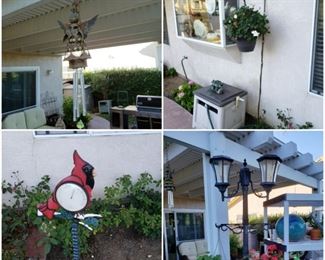 Pots, plants, solar pole light, yard art, etc...
