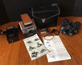 Vintage Polaroid Camera and Bindux Binoculars