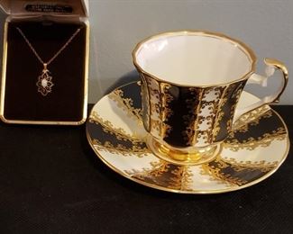 Sterling Silver and 14 kt Gold Necklace with Royal Dover China Cup and Saucer