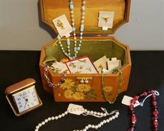 Handpainted Wooden Box, Jewelry Assortment, and Travel Clock