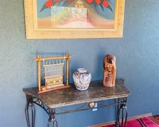 Entry table (sorry the owner has put a reserve on this piece) and Native American items (horsehair pot 
and rug have been sold)