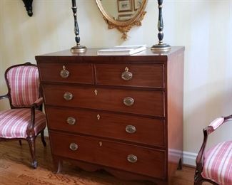 Antique mahogany English chest shown with a pair of English Chinoisserie decorated candlestick lamps  20% OFF SUNDAY