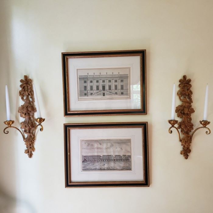 Two architectural prints and wall sconces ONE SOLD