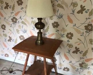Oak Side Table with Brass Lamp