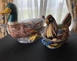 Painted Ceramic Duck and Chicken