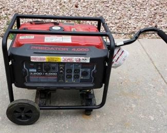 Predator 4000W Generator
Includes Wheel Kit and Dual Fuel Conversion Kit (Natural Gas / Propane). Used only a couple times, runs, may need some tuning up. Powered by a reliable Predator gas engine, this generator is ideal for emergencies, job site use, recreation, household, lawn and garden, heating and cooling. Run time: 10 hours @ 50% capacity / Heavy duty 1 in. steel roll cage / Low oil indicator / low oil shutdown / 212cc, 6.5 HP air-cooled OHV gas engine / UL listed circuit breakers / (4) 120V duplex outlets, 3 prong, (1) 240V twist lock outlet, 4 prong, (1) 12V DC outlet / ecoil start / GFCI outlets