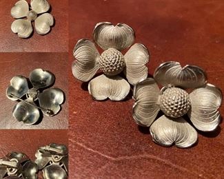 Sterling Dogwood Clip Earrings & Matching Brooch