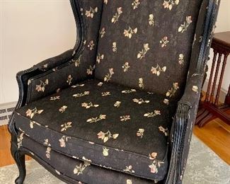 Item 60:  Pair of vintage wingback chairs, painted black and beautifully upholstered (31"l x 21"w x 42"h): $275 each