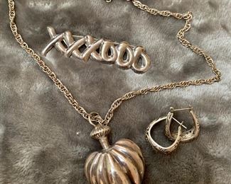 Lot 5:  Sterling Earrings, Heart Necklace, Pin: $55