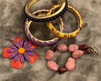 Lot 30:  2 Metal Enamel Bracelets & Flower Pin: $20