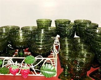 Vintage Indiana Glass Colony Park Lane Green Footed Drinking Glasses, Sherberts and liqueur shot glasses: $40