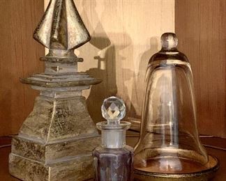 Lot of Decorative Items - cloche from Pottery Barn, lavender perfume bottle and decorative finial: $28