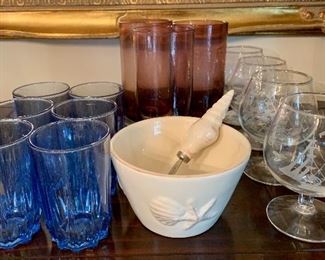 Blue juice glasses, seashore dip server, 4 ship brandy snifters and 3 handblown purple glasses: $20