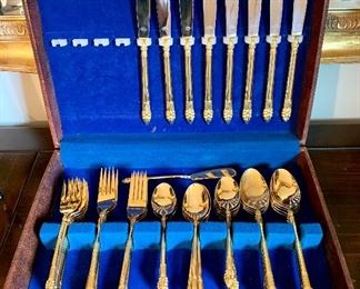 Item 115:  Nasco "Astrid"  Goldwash Silver Plate - 8 knives, 8 salad forks, 8 dinner forks, 16 teaspoons, 8 soup spoons, 1 butter knife:  
