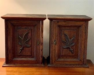Item 105:  Small antique cabinets with carved wood accent - these items have no back - please note details in pictures: $28 each