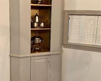 Item 116:  Country corner cupboard with top shelves and storage beneath: $375                                                                           Cabinet - 35.5" x 16" x 80.5"