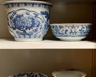 Lot of blue & white bowls, planters, lidded box and orb: $30