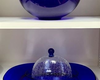 Cobalt blue platter bowl and crackle glass butter dish with cobalt underplate: $15
