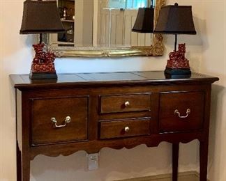 Item 50:  Graceful narrow sideboard (52" x 18" z 38.5") with two large drawers and two small drawers: $275                                                                                                        Item 49:  Gold gilt, ornate rectangular mirror (36.75" x 30.5"): $275