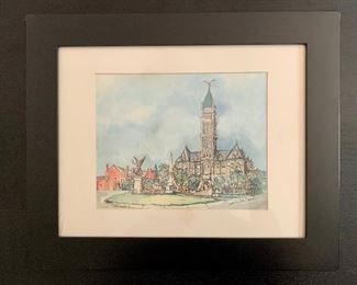 Water color of Lowell Town Hall, framed in black frame: $25