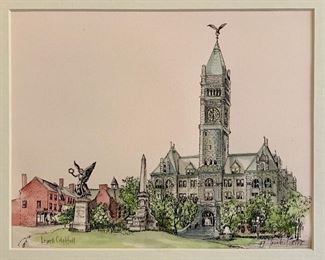 Signed etching of Lowell Town Hall, unframed: $15