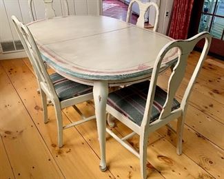 Item 17:  Country Kitchen Table (with Extra Leaf) - comes with 6 chairs - 4 are in very good condition while the other two have some tears in the upholstery - 59.5"l x 39.5"w x 39"h: $350