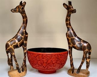 Two wood giraffes and a cinnabar bowl: $14