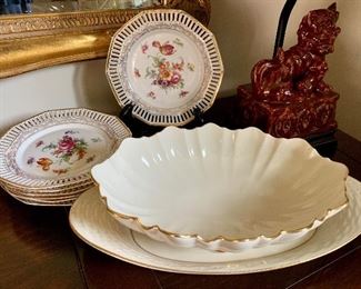 Lot of Two Lenox Serving Dishes and a Set of Pierced Edge Painted Antique Plates: $40