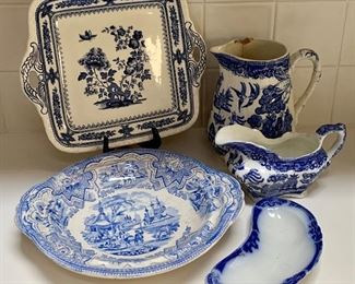 Lot of Assorted Blue & White Items - As Is - most are okay but the pitcher has good sized bite:  $25