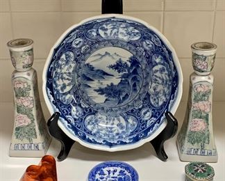 I like this lot! Pretty antique blue plate, small Chinese Plate, Vintage Chinese Candle Sticks, trinket box and orange glass heart paperweight: $45