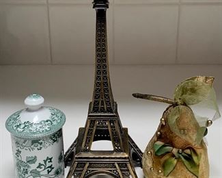 Little Lot of odd items - Eiffel Tower, Velvet Pear Pin Cushion and Small Spode Lidded Cannister: $14