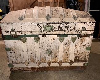 Item 221:  Vintage Trunk  - As Is - Trunk is sturdy but needs work - metal is rusted on bottom - 34.5"l x 20"w x 25.5"h: $25 - 