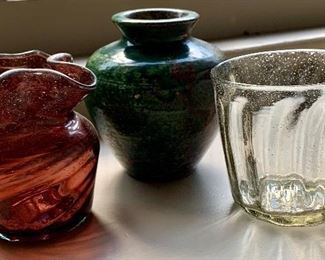 Three interesting pottery/glass items - hand made/blown: $15