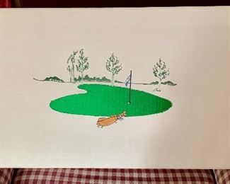This is embroidery and fabric on what I think is a white satin material on board - for the golfer! Interesting! - $12