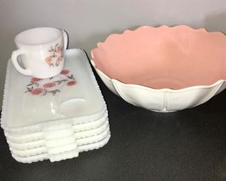 Milk glass pink white floral snack set on left
