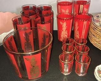 Oriental Siam Geisha girl red bar ware, ice bucket and tea glasses and more