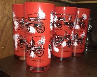 1950s Libby glass red antique fire engines glasses