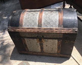 Barrel back wood and metal trim 1800s trunk