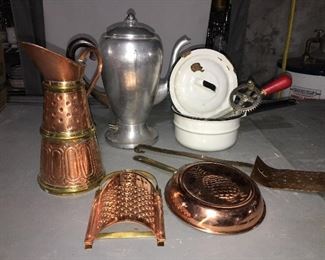 Copper wares, aluminum coffee pot and enamel ware sauce pan