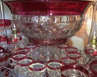 King's Crown Ruby Flash punch bowl set with rare pedestal