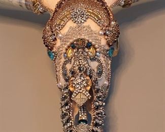 Hand made embellished with rhinestone jewelry: steer skull and horns, authentic.