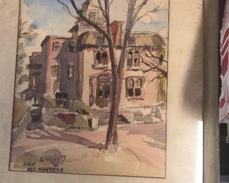 WATERCOLOR OF HISTORIC MT. MANRESA IN STATEN ISLAND DATED 3/10/47 & SIGNED SVDK