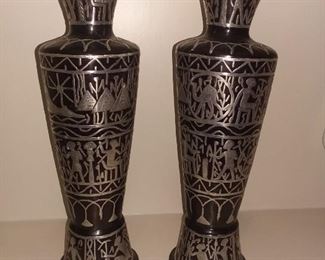 Pair of Egyptian Vases w/ Silver Inlay
